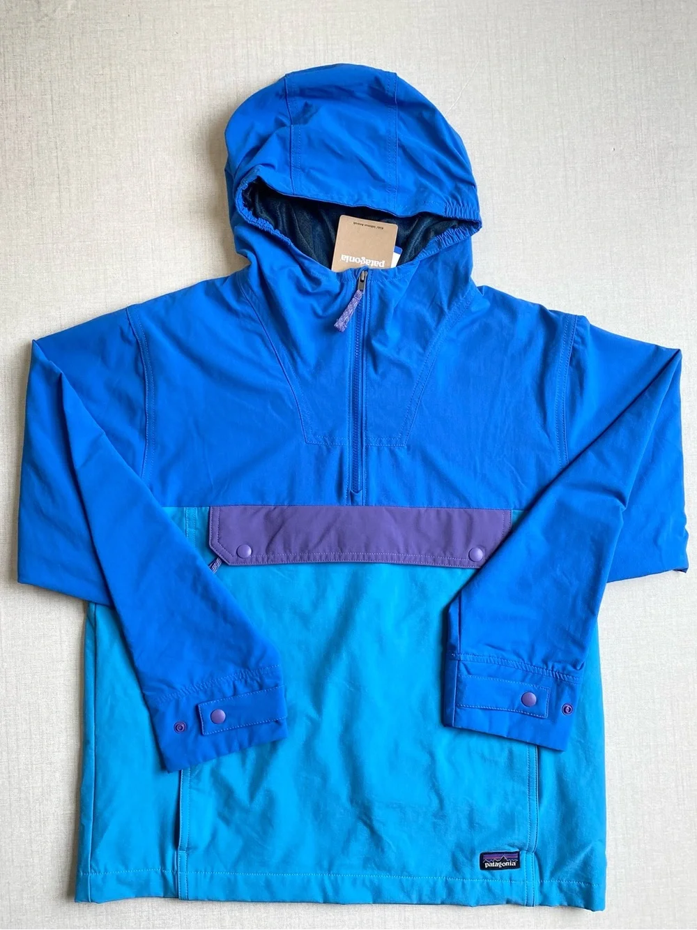 NWT Patagonia Kids Isthmus Anorak Hooded Jacket Blue Purple Size XL 14 40+ UPF